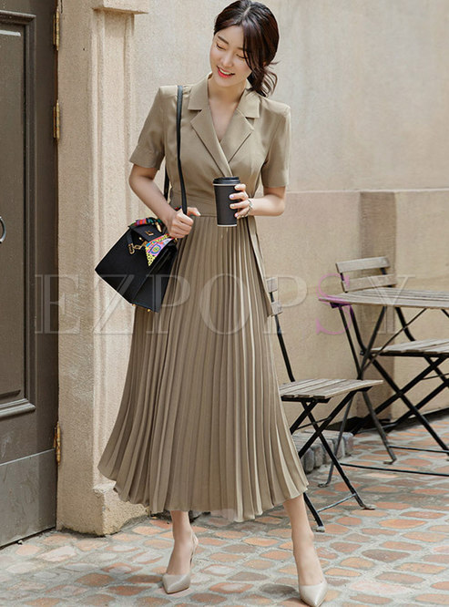Short Sleeve Belted Pleated Long Dress