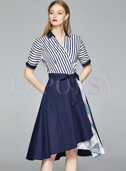 Short Sleeve Striped Print A Line Dress
