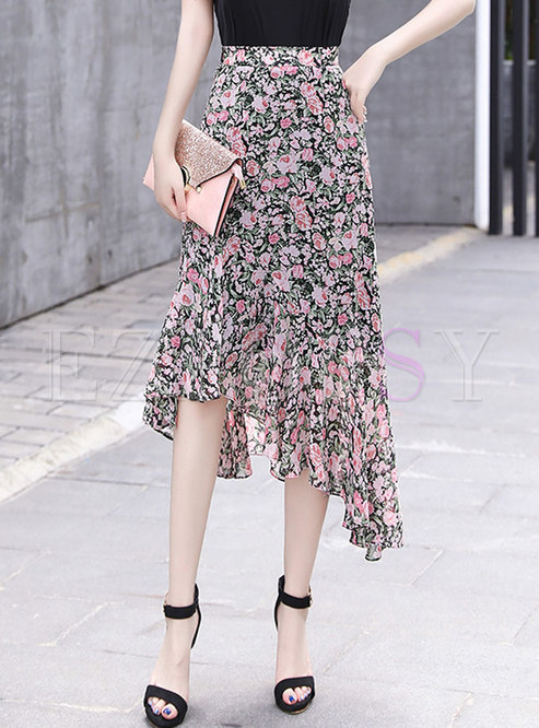 High Waisted Floral Asymmetric Peplum Skirt