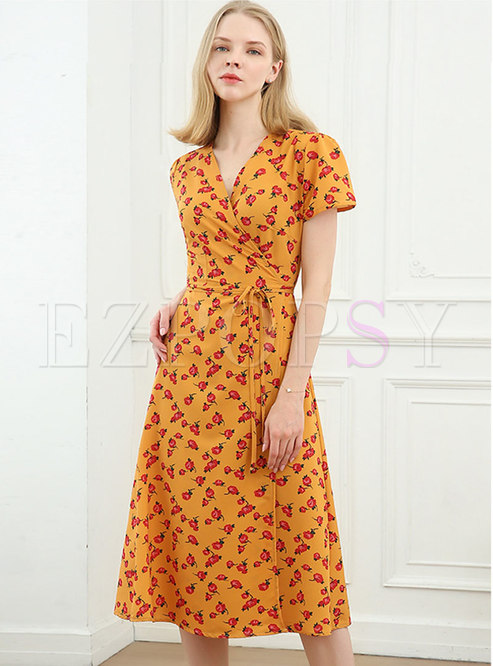 Floral Short Sleeve Cross V-neck Wrap Midi Dress