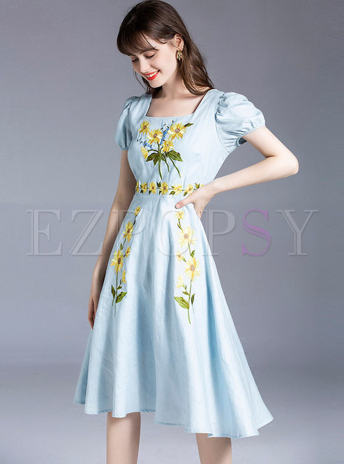 Square Neck Puff Sleeve Embroidered A Line Dress