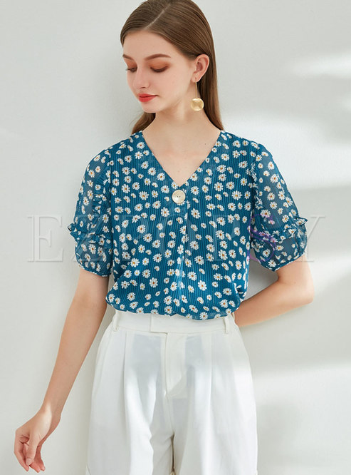 Puff Sleeve Striped Floral Chiffon Blouse