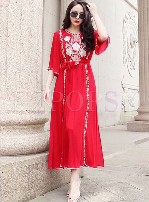 Red Bohemian Embroidered Beach Chiffon Maxi Dress