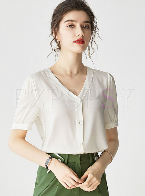 Solid Color V-neck Silk Single-breasted Blouse