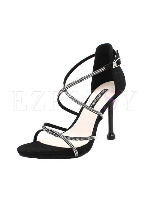 Rhinestone All-matched Buckle Thin Heel Sandals