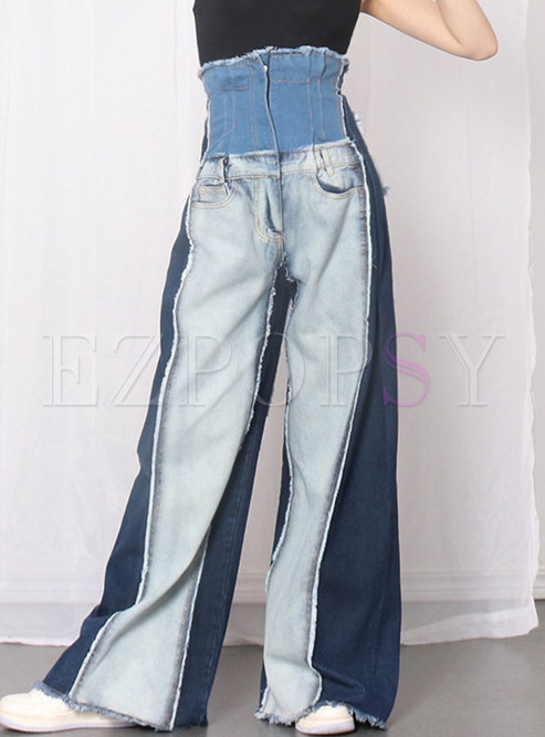 Color-blocked High Waisted Denim Patchwork Palazzo Pants