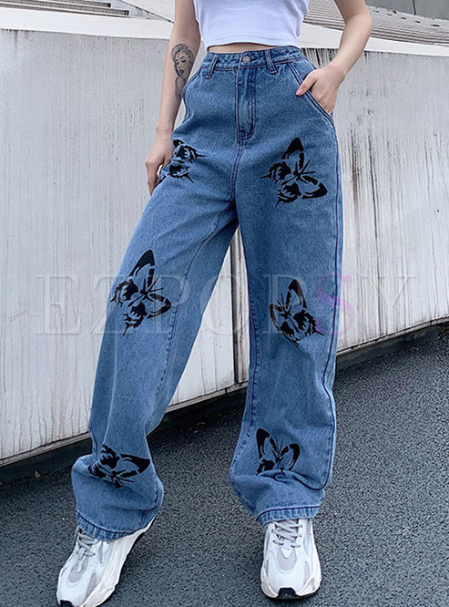 High Waisted Butterfly Print Wide Leg Jeans