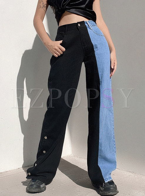 Color-blocked High Waisted Wide Leg Jeans