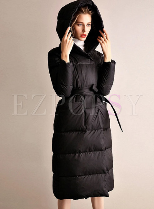 Outwear | Down Coats | Solid Color Long Puffer Coat With Belt