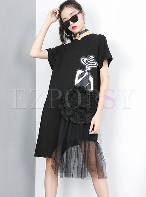 Short Sleeve Print Mesh Patchwork T-shirt Dress