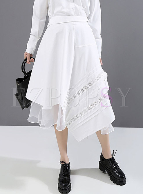 White High Waisted Mesh Patchwork Skirt