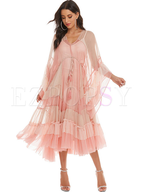Pink Long Sleeve Transparent Chiffon Dress With Cami