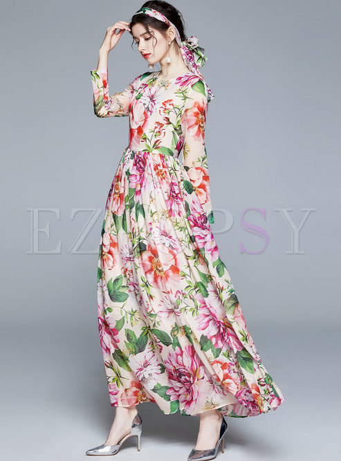 Dresses Maxi Dresses Bowknot Long Sleeve Print Chiffon Maxi Dress 2998