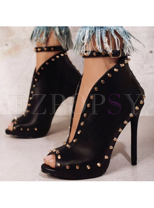 Black Pointed Toe Rivet High Heel Shoes