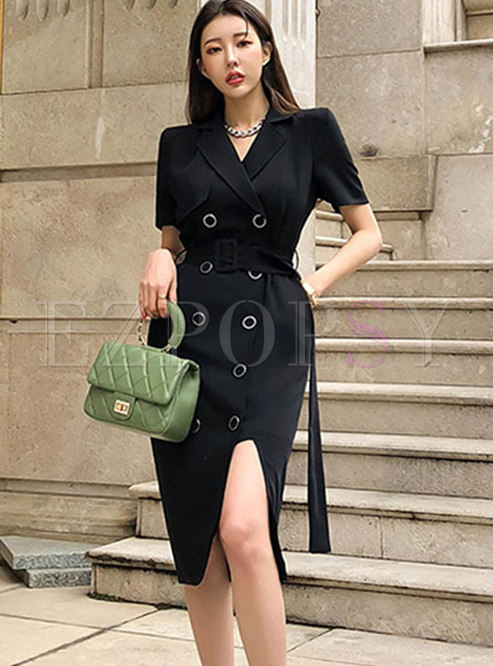 Work Notched Collar Double-breasted Dress