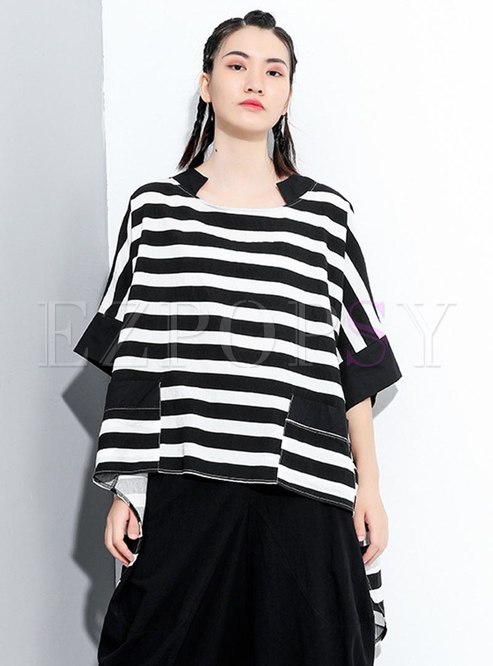 Plus Size Striped Pullover Asymmetric T-shirt