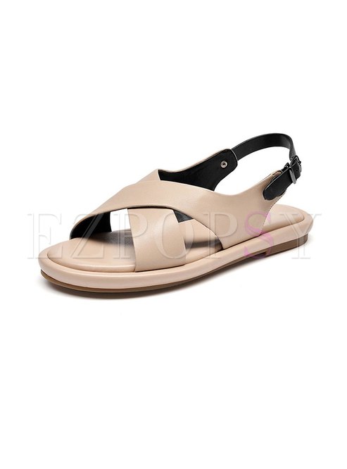 Rounded Toe Cross Leather Flat Sandals