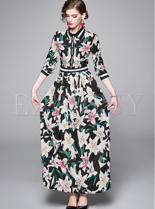 Lapel Long Sleeve Print Big Hem Maxi Dress