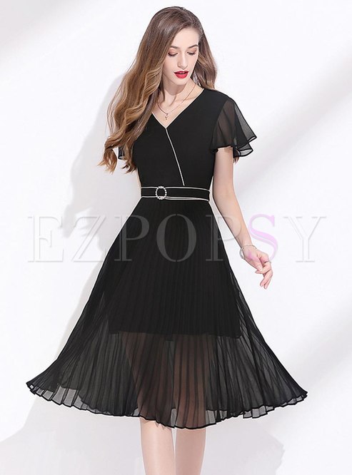 Black Ruffle Sleeve A Line Chiffon Dress