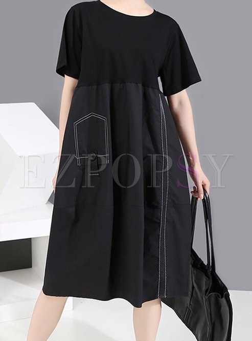 Black Short Sleeve Shift Knee-length Dress