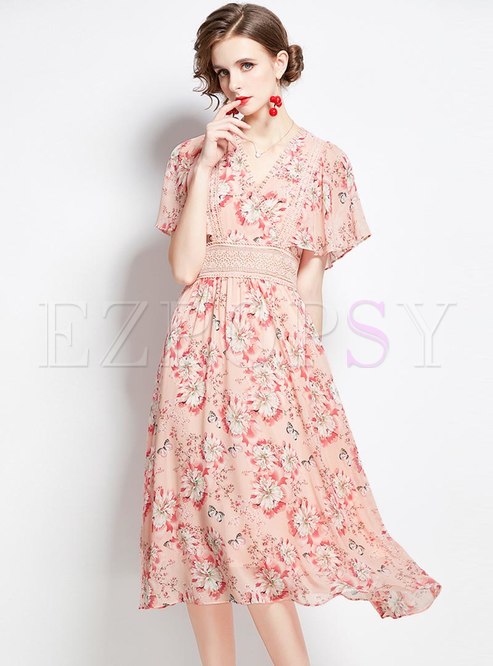 Lace Patchwork Floral Midi Chiffon Dress
