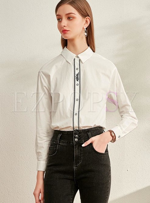 Lapel Embroidered Slim Brief White Shirt
