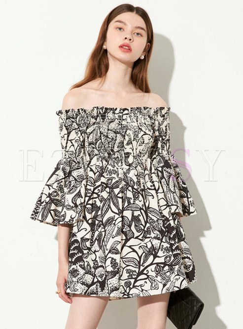 Off Shoulder Flare Sleeve Print Mini Dress