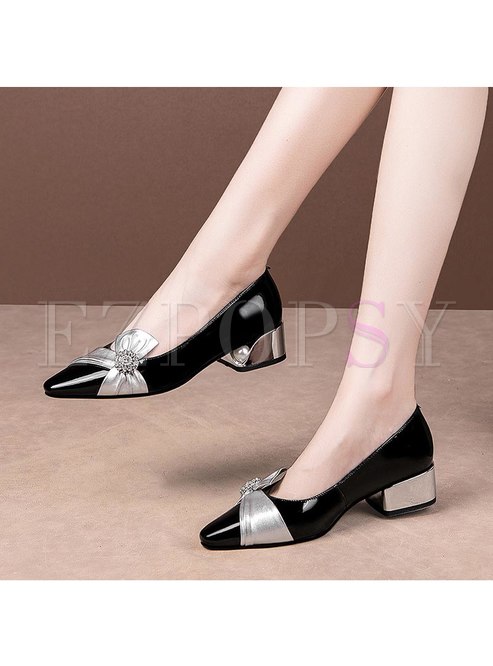 Color-blocked Bowknot Patchwork Chunky Heel Shoes