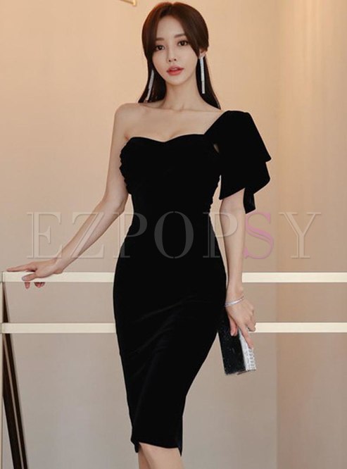Dresses | Bodycon Dresses | One Shoulder Velvet Bodycon Knee-length Dress