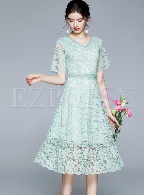 Short Sleeve High Waisted Lace Midi Dress