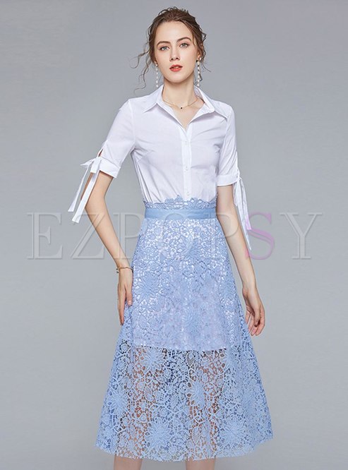 Lapel Slim High Waisted Openwork Lace Skirt Suits