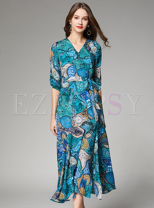 Bohemian V-neck Print Slit Maxi Dress