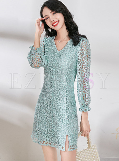 V-neck Transparent Lace Sheath Mini Dress