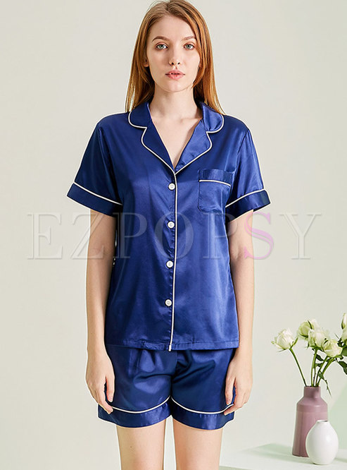 Satin Solid Color Button Down Shorts Pajama Set