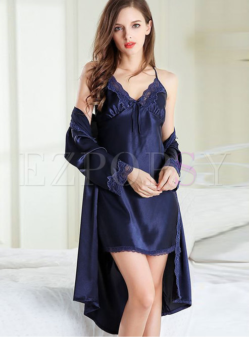 Lace Cross Back Bow Knot Nightgown Robe Set