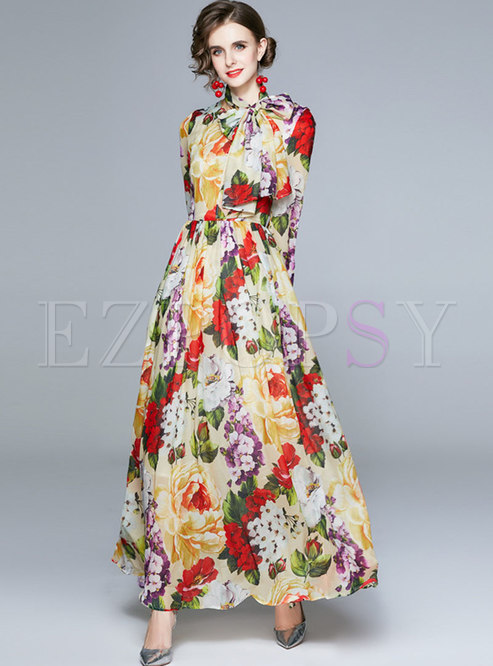 Boho Long Sleeve Print Chiffon Maxi Dress