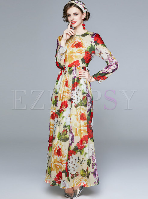 Dresses | Maxi Dresses | Boho Long Sleeve Print Chiffon Maxi Dress