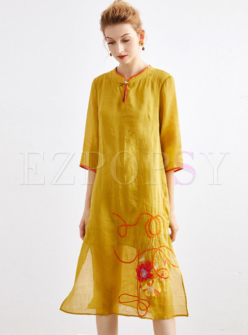 Embroidered Three Quarters Sleeve Shift Dress