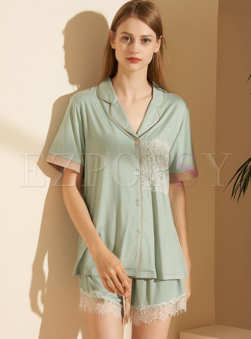 Color-blocked Lace Patchwork Pajama Set