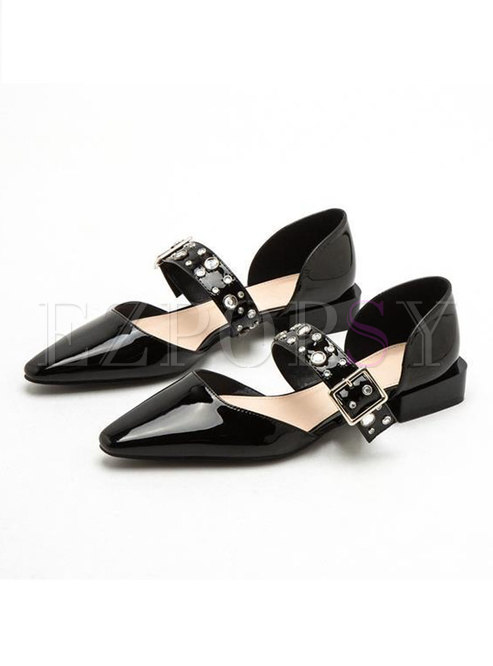 Pointed Rhinestone Low-fronted Buckle Shoes