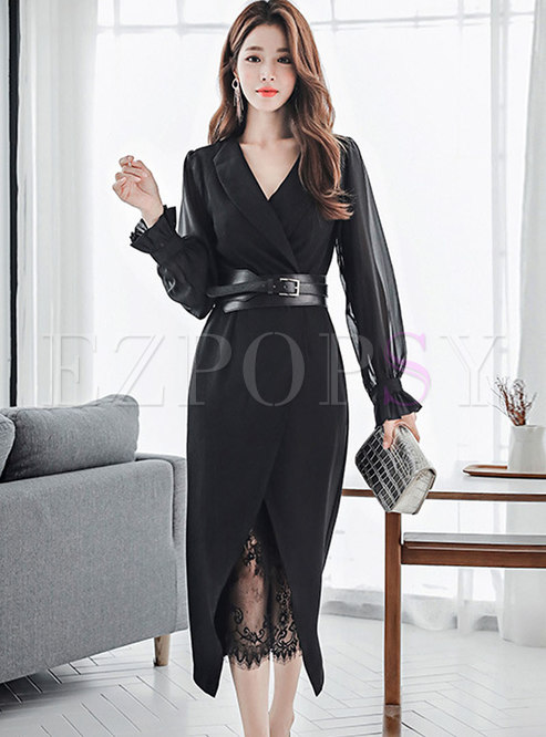 Notched Long Sleeve Belted Lace Two Piece Dress