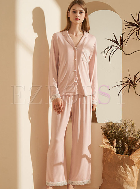 Long Sleeve Lace Patchwork Pajama Set