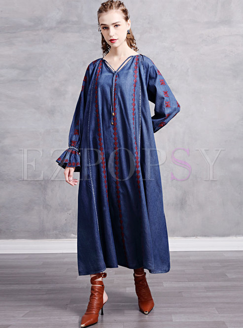 Long Sleeve Embroidered Denim Shift Dress