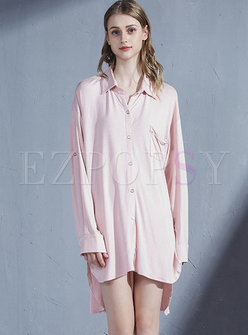 Pink Lapel Single-breasted Sleep Shirt Dress