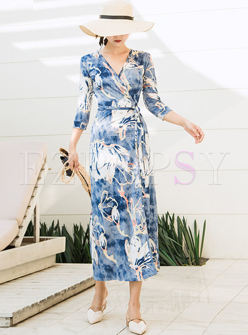 Dresses | Maxi Dresses | V-neck 3/4 Sleeve Print Wrap Maxi Dress