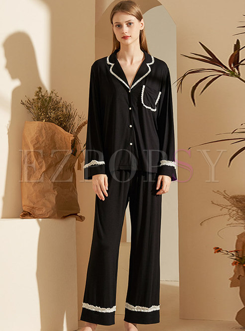 Lace Patchwork Loose Pajama Set With Pocket