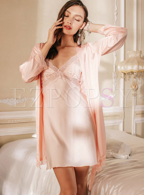 Sexy Lace Patchwork Pure Color Robe Set