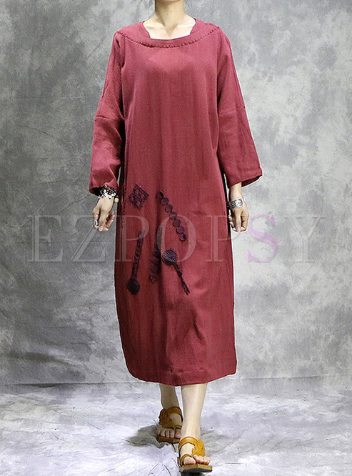 Plus Size Red Embroidered Linen Shift Dress