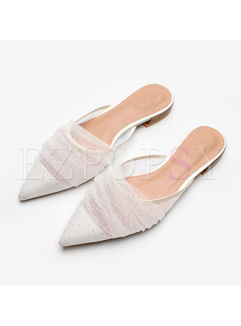 Pointed Toe Sequin Mesh Patchwork Slippers
