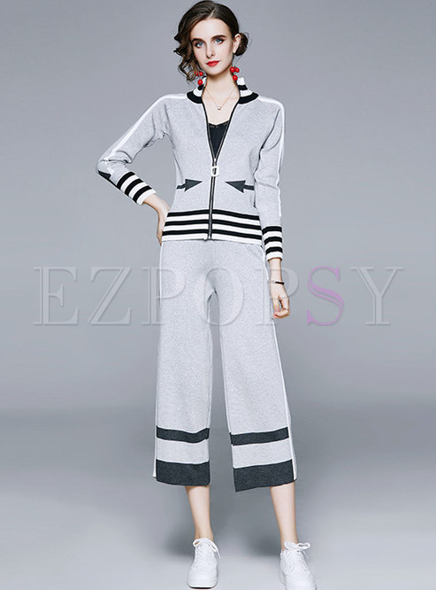Color-blocked Striped Sweater Wide Leg Pant Suits